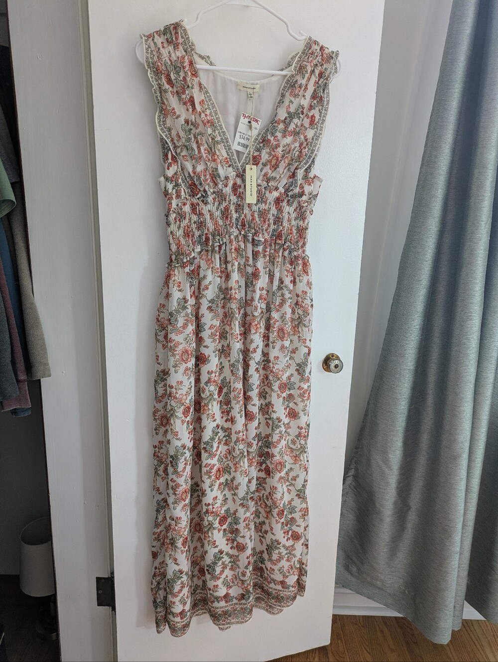 Max Studio Floral Shirred V-Neck Maxi Dress - Cream with Rust Floral